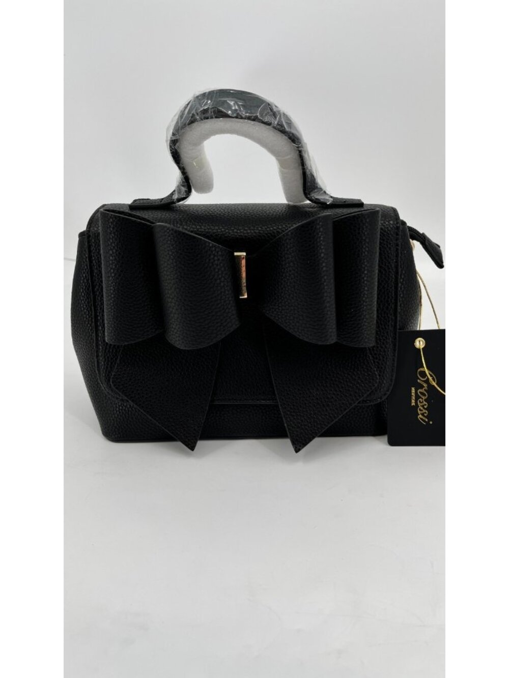 Crossi Jasmine Bowtie Crossbody Black Gold Hardware Snap Vegan Leather - Picture 1 of 7